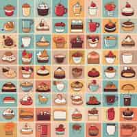 Gratis foto set van pictogrammen met koffie en cakes in platte stijl vector illustratie