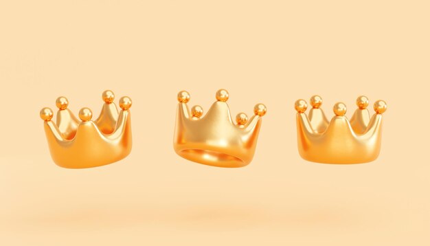 Set van premium gouden kroon winnaar luxe succes teken of symbool pictogram cartoon achtergrond 3D illustratie
