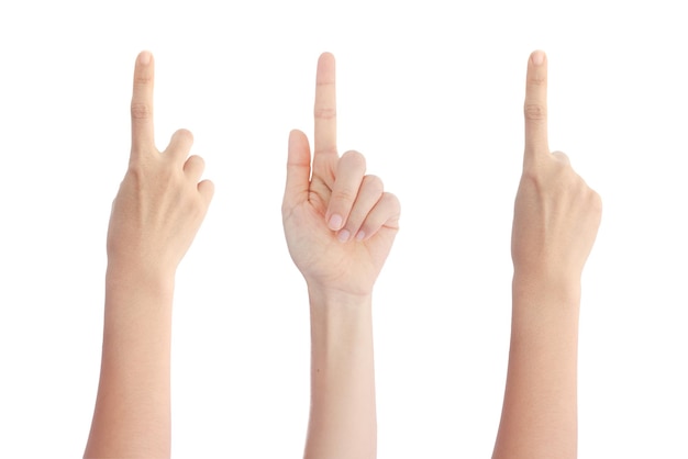 Set van verschillende handen aanraken of wijzen naar iets op een witte achtergrond.