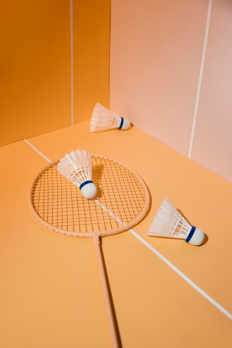 Gratis Foto shuttles en badmintonracket met hoge hoek