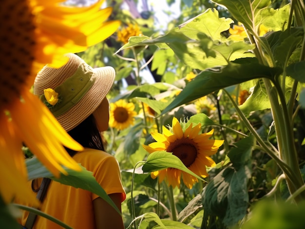 Gratis foto side view vrouw met zonnebloemen