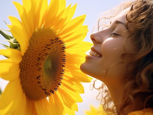 Gratis foto side view vrouw met zonnebloemen