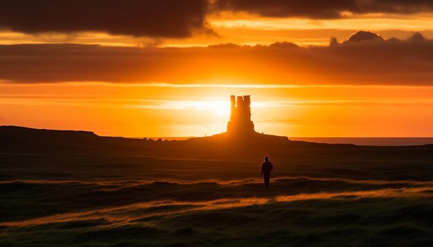 Gratis foto silhouet staande op de bergtop bij zonsopgang gegenereerd door ai