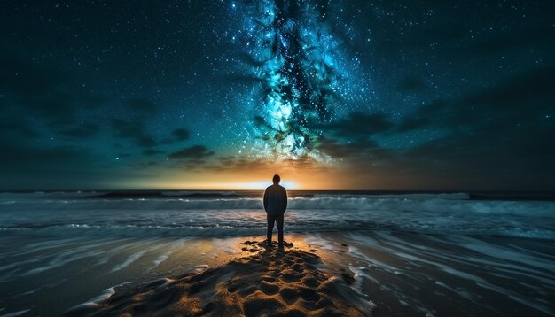 Silhouet staande op het strand kijkend naar een rustige zonsondergang gegenereerd door AI