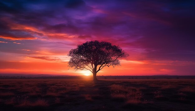Silhouet van acaciaboom in Afrikaanse zonsondergang gegenereerd door AI