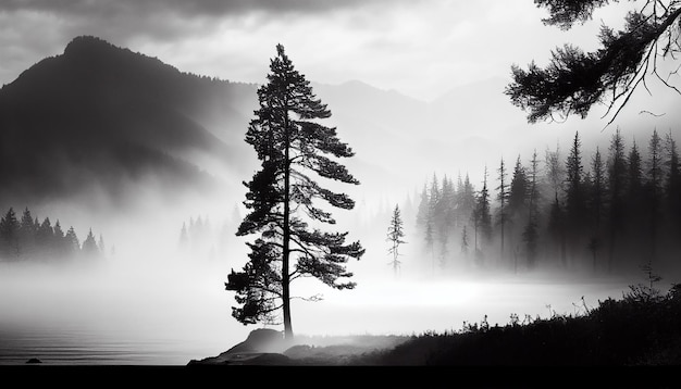 Silhouet van de natuur het rustige scène van generatieve AI van de dennenboom