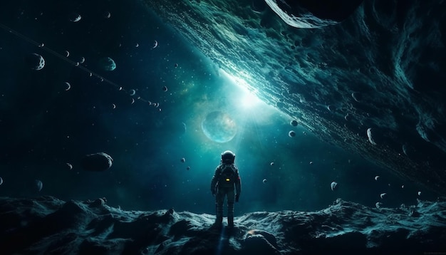Silhouet van een astronaut die in een diepblauw melkweglandschap staat, gegenereerd door AI