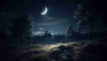 Gratis foto silhouet van een dennenboom in een donker bos onder een sterrenhemel gegenereerd door kunstmatige intelligentie