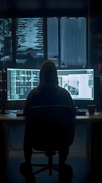 Silhouet van een hacker in capuchon die gegevens steelt van een computermonitor