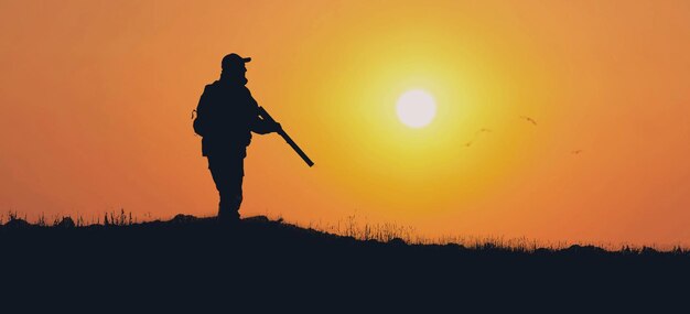 Silhouet van een jager met een geweer in het riet tegen de zon een hinderlaag voor eenden met honden