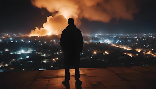 Gratis foto silhouet van een man die op het dak staat en 's nachts naar de stad kijkt