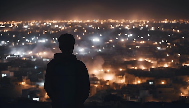 Gratis foto silhouet van een man die 's nachts naar de stad kijkt