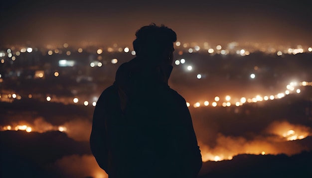 Silhouet van een man die 's nachts naar de stad kijkt