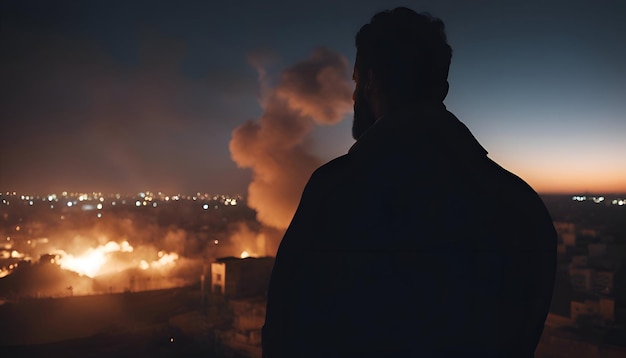 Gratis foto silhouet van een man tegen de achtergrond van een brandende stad