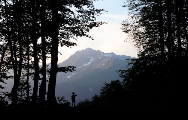 Silhouet van een meisje in een hoed in het bos op een klif vrouw bewondert het uitzicht op bergtoppen