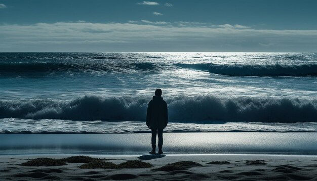 Silhouet van één persoon die aan de kust staat, gegenereerd door AI