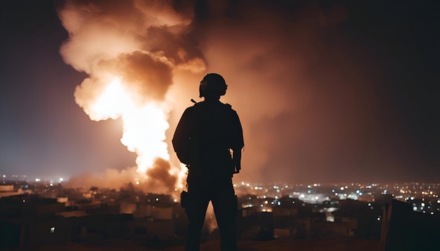 Gratis foto silhouet van een soldaat in het midden van een brandende stad