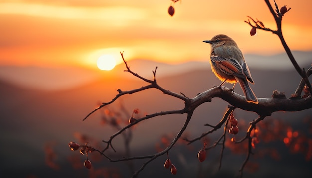 Silhouet van een vogel die op een tak zit bij achtergrondverlichting bij zonsondergang gegenereerd door kunstmatige intelligentie