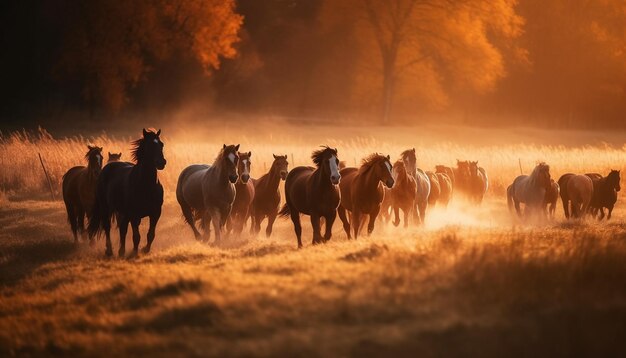 Silhouet van hengst grazen in bergweide gegenereerd door AI