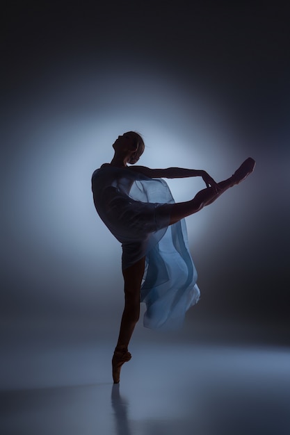 silhouet van mooie ballerina dansen met sluier op donkerblauwe achtergrond