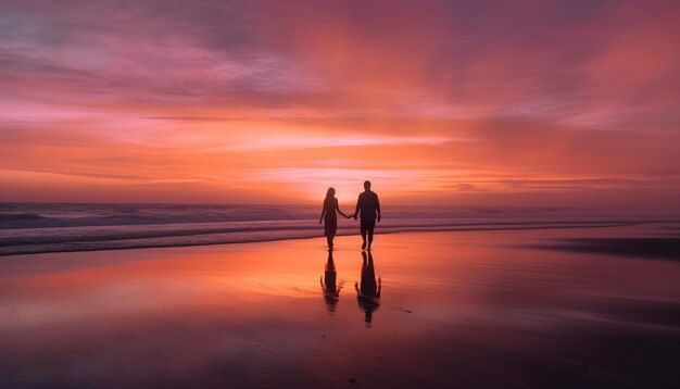 Silhouet van paar hand in hand bij zonsondergang gegenereerd door AI