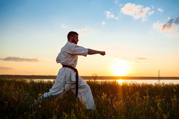 Silhouet van sportieve man opleiding karate in veld bij zonsopgang.