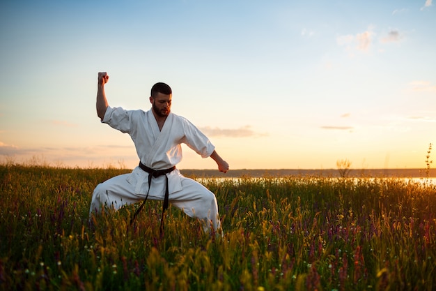 Silhouet van sportieve man opleiding karate in veld bij zonsopgang.