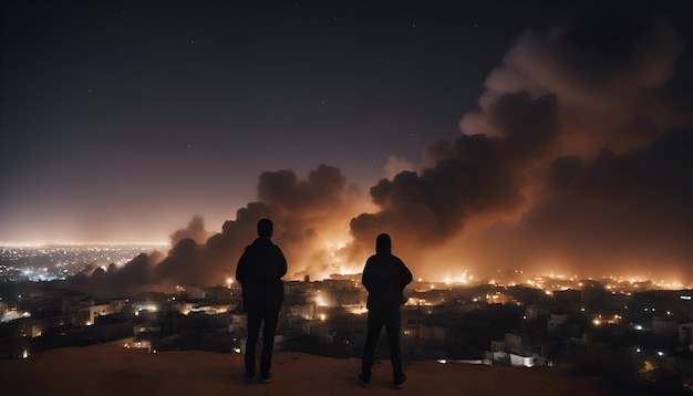 Gratis foto silhouet van twee mannen die op de top van een berg staan en 's nachts naar de brandende stad kijken