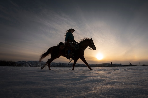 Silhouet van veedrijfster op een paard