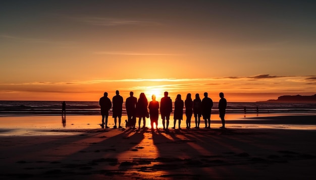 Silhouetten van familie wandelen op het strand bij zonsondergang gegenereerd door AI