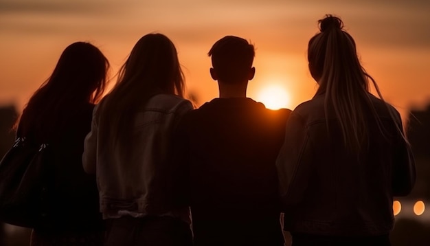 Gratis foto silhouetten van wandelende paren die genieten van de schoonheid van de natuur, gegenereerd door ai