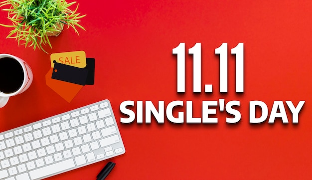 Single's day banner met toetsenbord en plant
