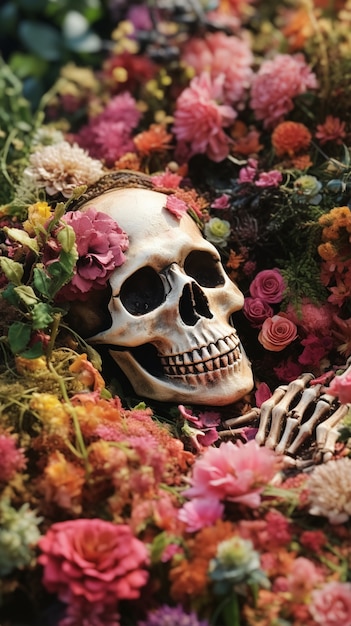 Skelet poseren met bloemen