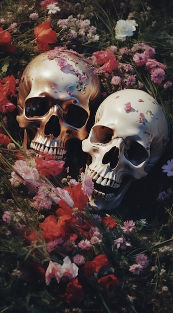 Gratis foto skeletpaar poseren met bloemen