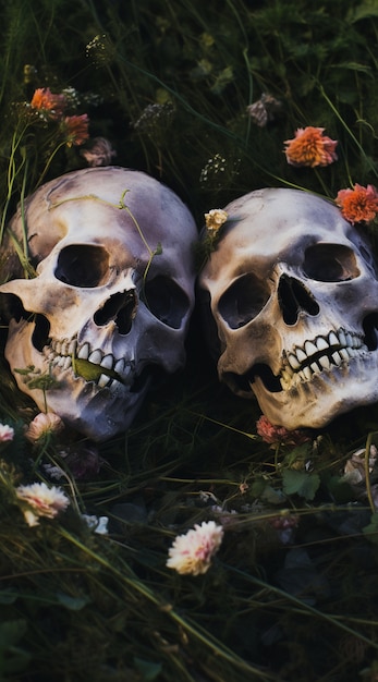 Skeletpaar poseren met bloemen