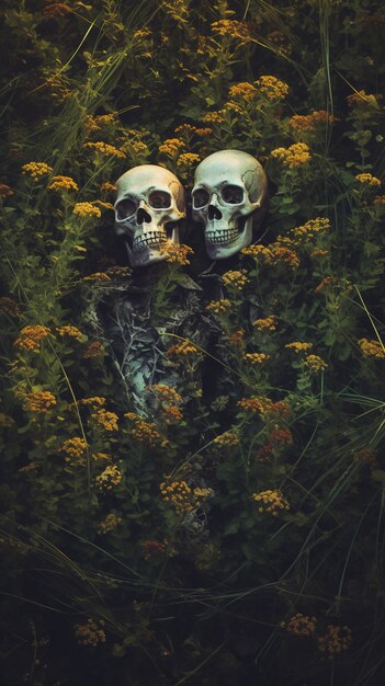 Skeletpaar poseren met bloemen