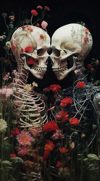 Gratis foto skeletpaar poseren met bloemen