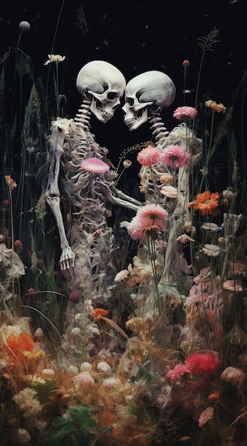 Skeletpaar poseren met bloemen