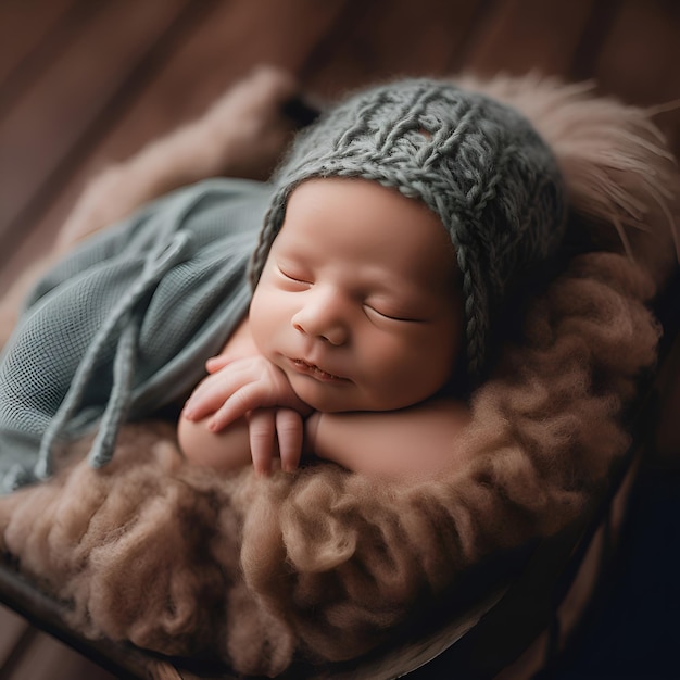 Gratis foto slaapende pasgeboren baby jongen in een gebreide hoed op een houten achtergrond