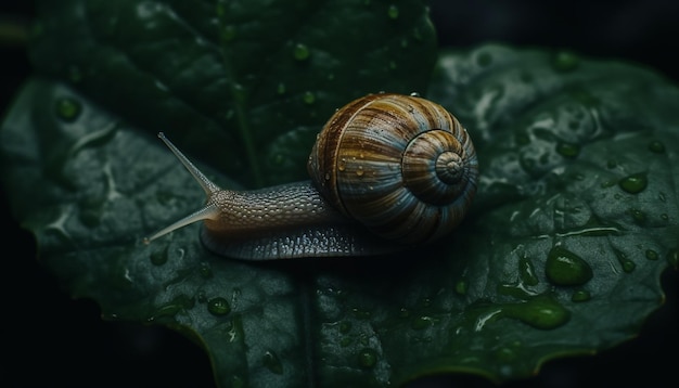 Gratis foto slijmerige slak die op groen plantblad kruipt, gegenereerd door ai