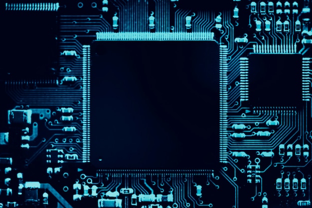 Slimme microchip achtergrond op een moederbord close-up technologie