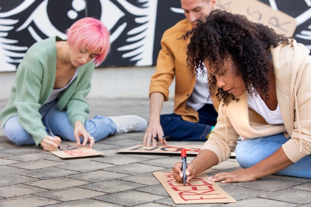 Sluit mensen af die op banners schrijven