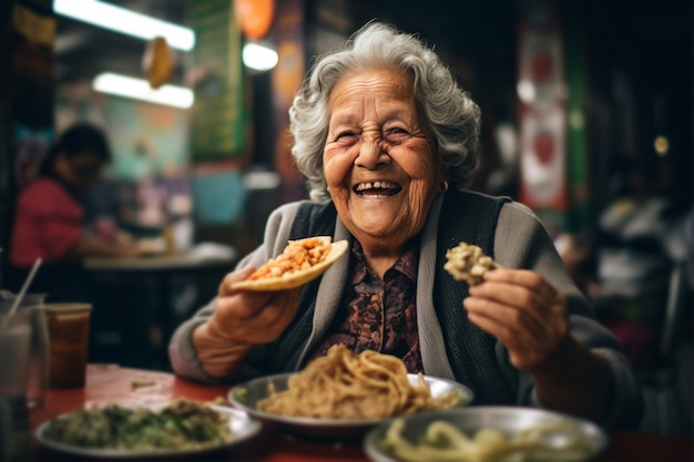 Sluit omhoog op bejaarde vrouw die heerlijke taco eet