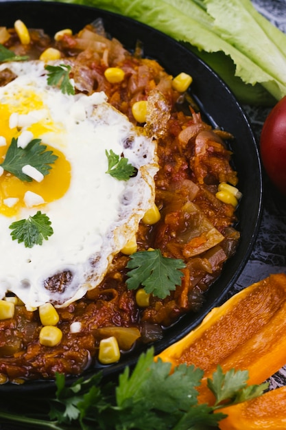 Sluit omhoog pan met eieren en Mexicaans voedsel