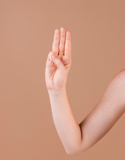 Sluit omhoog van een hand die gebarentaal onderwijst
