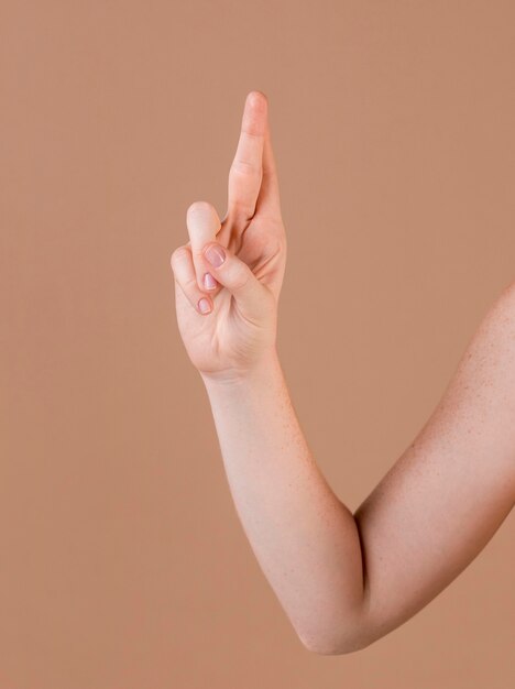 Sluit omhoog van een hand die gebarentaal onderwijst