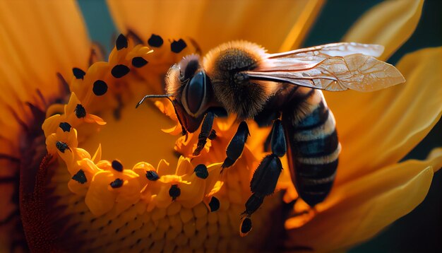 Sluit omhoog van gele bij die een bloem generatieve AI bestuift