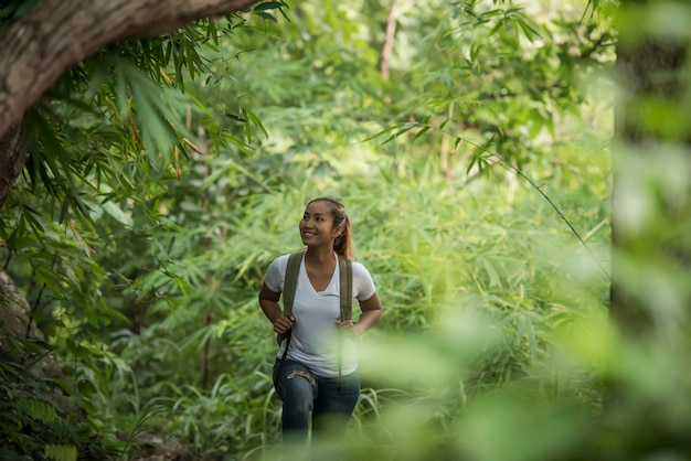 Sluit omhoog van jonge backpacker lopend door het bos gelukkig met aard.