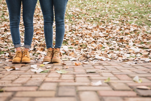 Gratis foto sluit omhoog van twee vrouwen in laarzen die zich in het park bevinden