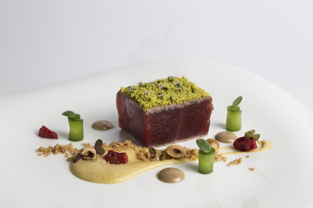 Smakelijk, elegant haute cuisine-eten met tonijnsteak